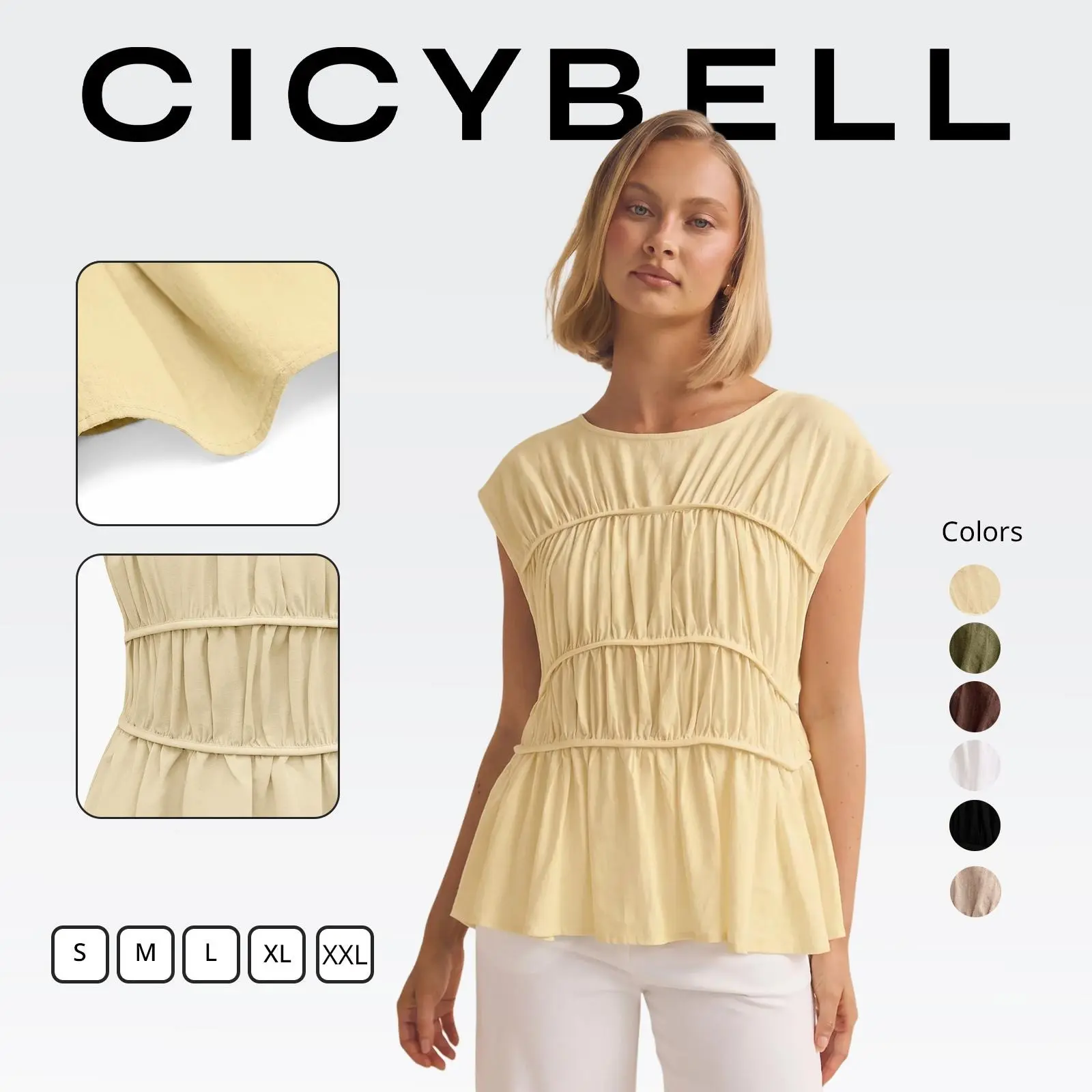 Cicy Bell Womens Cap Sleeve Peplum Tank Tops Summer Babydoll Smocked Cotton Shirts Casual Crew Neck Pleated Blouse Boho Ruched Bust Breathable Womenswear
