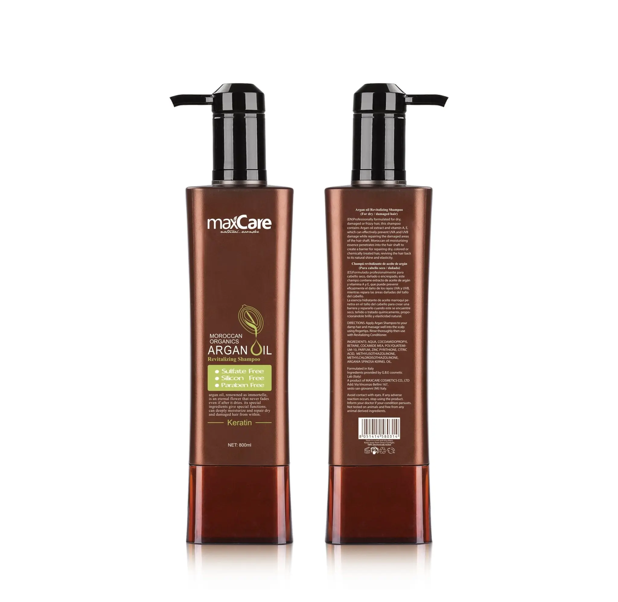 Maxcare Argan Oil Moisture Shampoo - Sulfate-Free, Paraben-Free, Color-Safe Liquid Anti-Frizz Shampoo for Dry, Damaged Hair, Moroccan Scent, 260ml/800ml Hydrating Nourishing Hair Cleanser Moisturizer for Youth, Travel Toiletries, Haircare