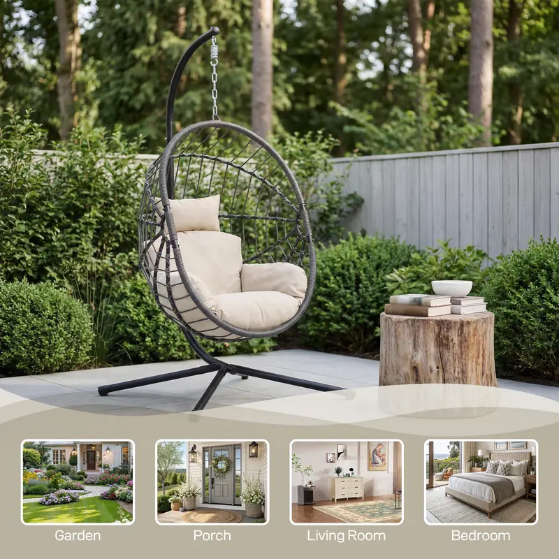 LHBcraft Comfortable & Chic Indoor/Outdoor Swing Egg Chair with Stand | UV-Resistant Wicker Hanging Egg Chair with Soft Cushion | 350LBS Capacity for Patio, Backyard & Balcony,