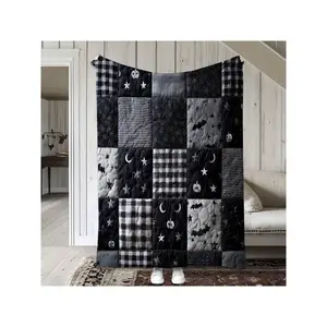 Spooky Cozy Halloween Black White Patchwork Quilted Throw Blanket, Decorative Holiday Bat Skull Pumpkin Moon Print Bedding Blanket