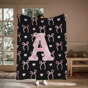 Initial Letter A-Z Flannel Blanket Throw for Girls, Black Pink Alphabet Flannel Blanket, Monogrammed Gifts for Daughter Women Teen Girls, Blanket for Bedding Bedroom Office,multiple Size(No Custom Orders Accepted)