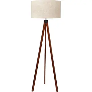 Wood Tripod Floor Lamp, Mid Century Standing Lamp, Modern Design Studying Light for Living Room, Bedroom, Study Room and Office, Flaxen Linen Shade with E26 Base Brown