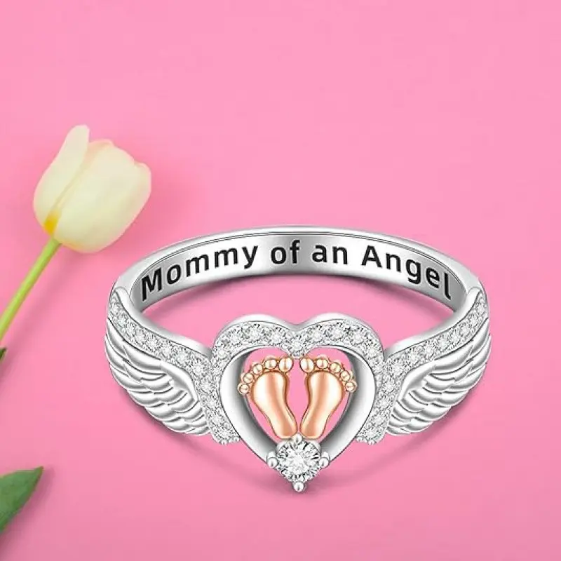 Women's Elegant Angel Charm Ring - Heart Shaped Alloy Casual Style Ring, Angel Wing & Footprint Details, Inscribed Fashion Costume Jewelry for Daily Wear & Gifting, Heart Shaped Ring, Charm Rings