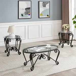 Tempered Glass Surface Coffee Table Set of 3, Decor Elliptical Coffee Table with Round End Side Tables, Bedroom Coffee Table with Sturdy Construction for Living Room