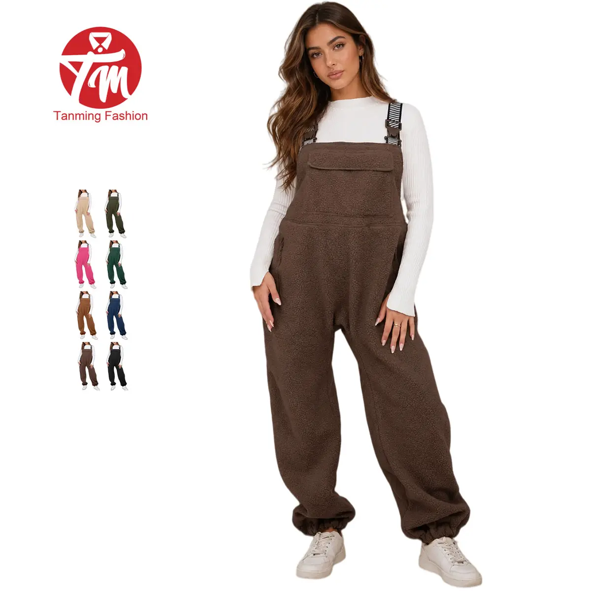 Tanming Women's Fleece Overalls - 2026 Warm Winter Casual Loose Sherpa Bib Jumpsuits with Adjustable Straps, Elastic Waist, Zipper, Buckle & Pockets for Skiing