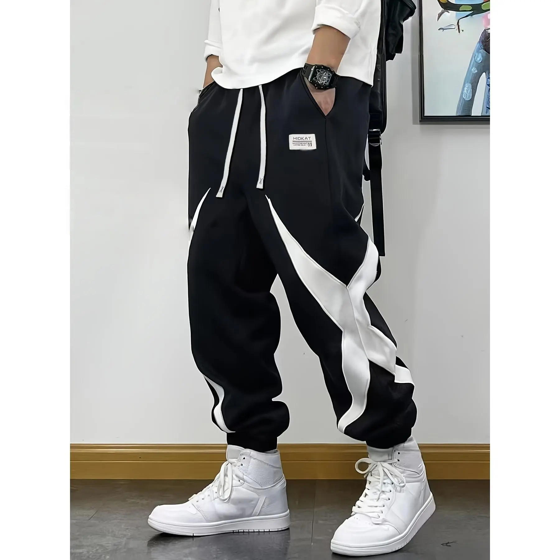 Plus Size Men's Star Slogan Jogger Pants, High Waist Drawstring Cuffed Sweatpants, Breathable Comfy Sports Trousers for Running Commuting Daily Casual Summer Wear