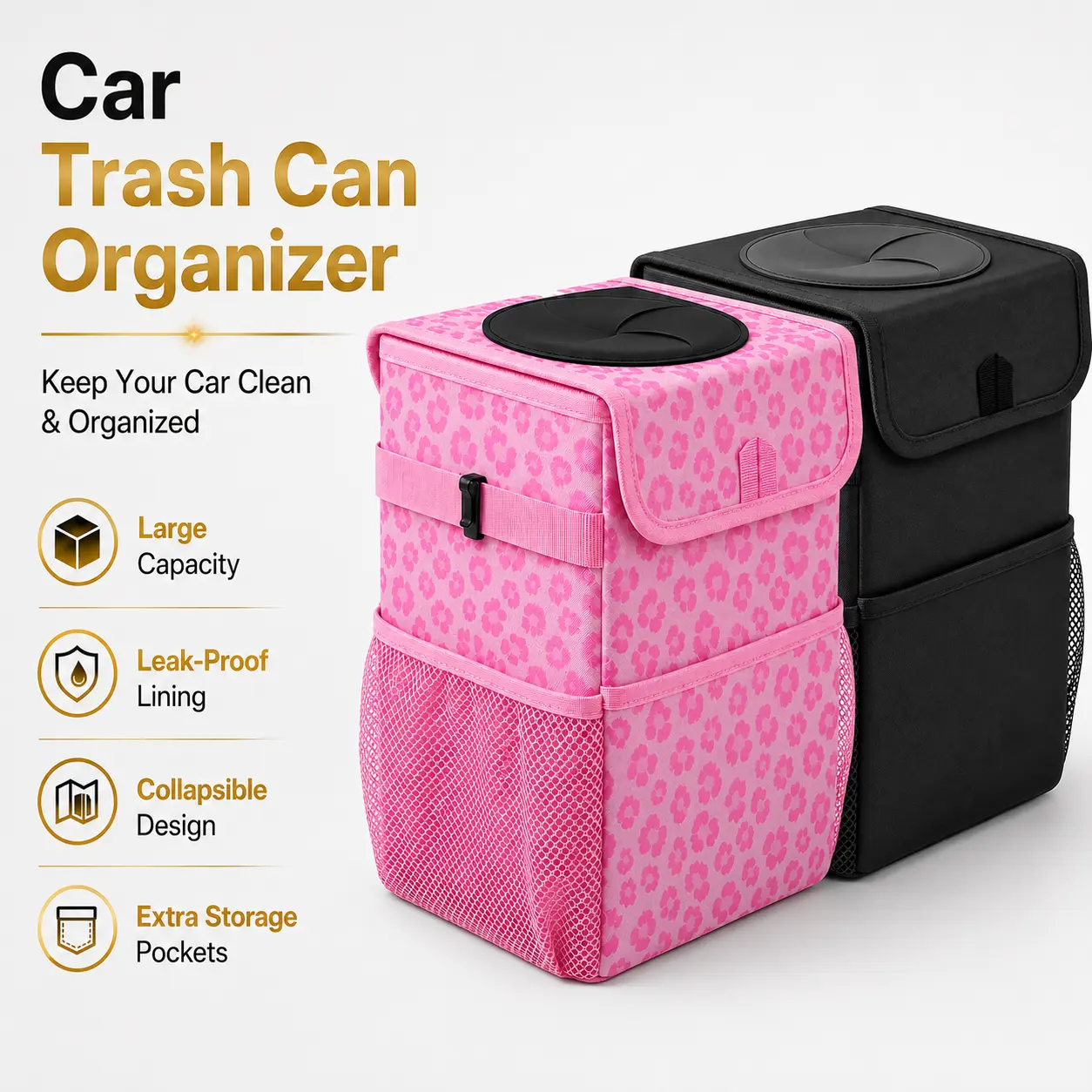 Car Trash Can with Lid, Leakproof Collapsible Car Garbage Bin with Adjustable Strap and Storage Pockets, Hanging Automotive Organizer for Cars, SUVs and Trucks, Road Trip Essentials