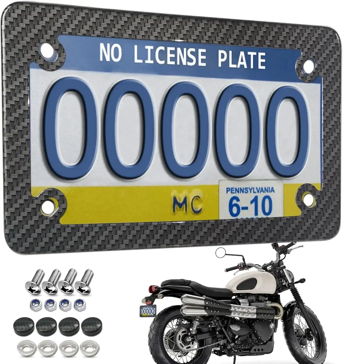 Carbon Fiber-Stainless Steel Motorcycle License Plate Frame with Carbon Pattern, Moto Moped Tag Support, 1 Pack Auto Replacement Part Includes Caps, Screws & Nuts