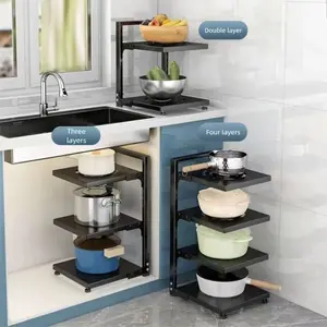 Kitchen Storage Rack, Carbon Steel Material, Multi-Layer Design, Adjustable Shelf Distances, Holds Pots Bowls Spices, Wall Corner Sink Cabinet and Countertop, Adjustable Metal Shelf