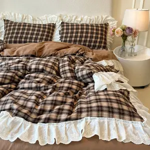 Vintage Plaid Print Korean Ruffle Bedding Set, Includes 1 Duvet Cover + 2 Pillowcases, Girls Room Decor, Single Twin Double Queen Size Comforter Cover set, Decorative Bedding Set