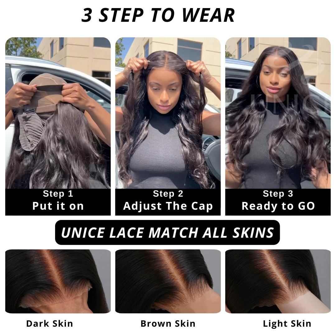 UNice Bye-Bye Knots Body Wave Wig Glueless Pre-cut 7x5 HD Lace Closure Human Hair Wigs with Pre Plucked Hairline Knotless Beginners Friendly