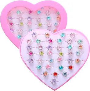 Mother Day Gift 36pcs Little Girl Rhinestone Gem Rings,Adjustable,Random Color Style Kids Play Rings in Box,Pretend Play and Dress Up Rings