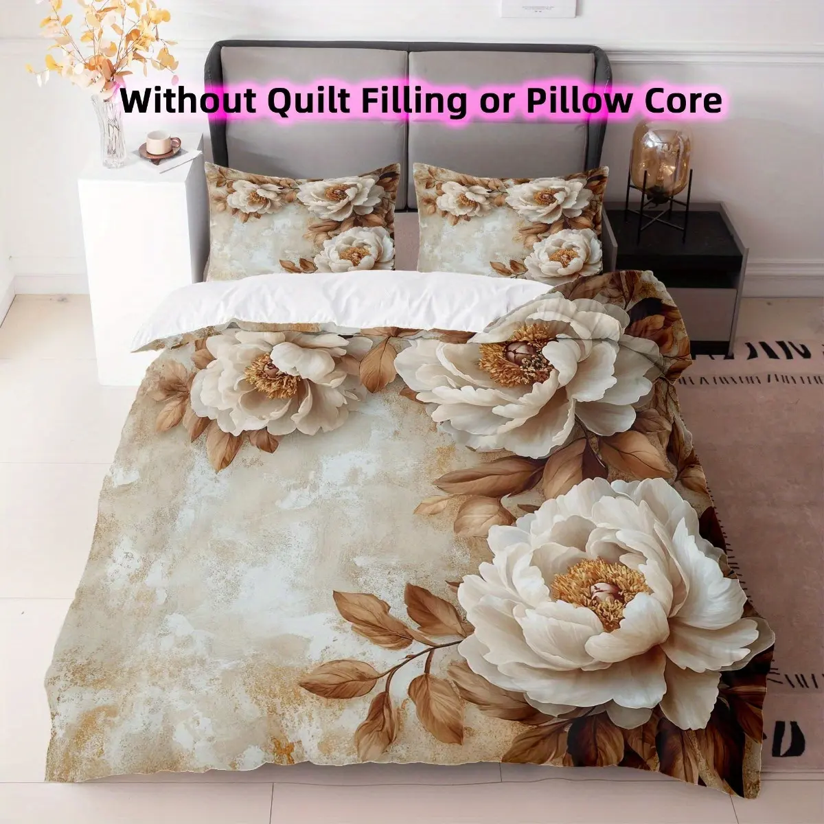 3-piece Luxurious Floral Bedding Set - Brown and Gold Peony Print (1 duvet cover + 2 pillowcases, core not included) for home decoration, polyester, machine washable, comfortable for all seasons, essential home decor item |   Elegant Floral Design |   Smo