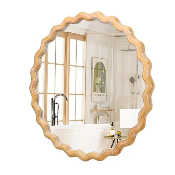 27.5 inches Round wavy Wall Mirror for Bathroom Vanity, Wooden Farmhouse Circle Mirrors for Bedroom, Entryway, Living Room, Kithen Whitewash Edge Decorative Mirror for Home, Office