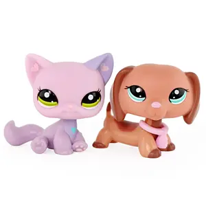 2Pcs Adorable Kitten & Dachshund Figures, Pink-Purple Cat and Brown Puppy Toys with Pink Collar, Small Animal Collectible Figurines, Cute Bobble Head Pet Toys for Kids, Great Birthday Party Favors