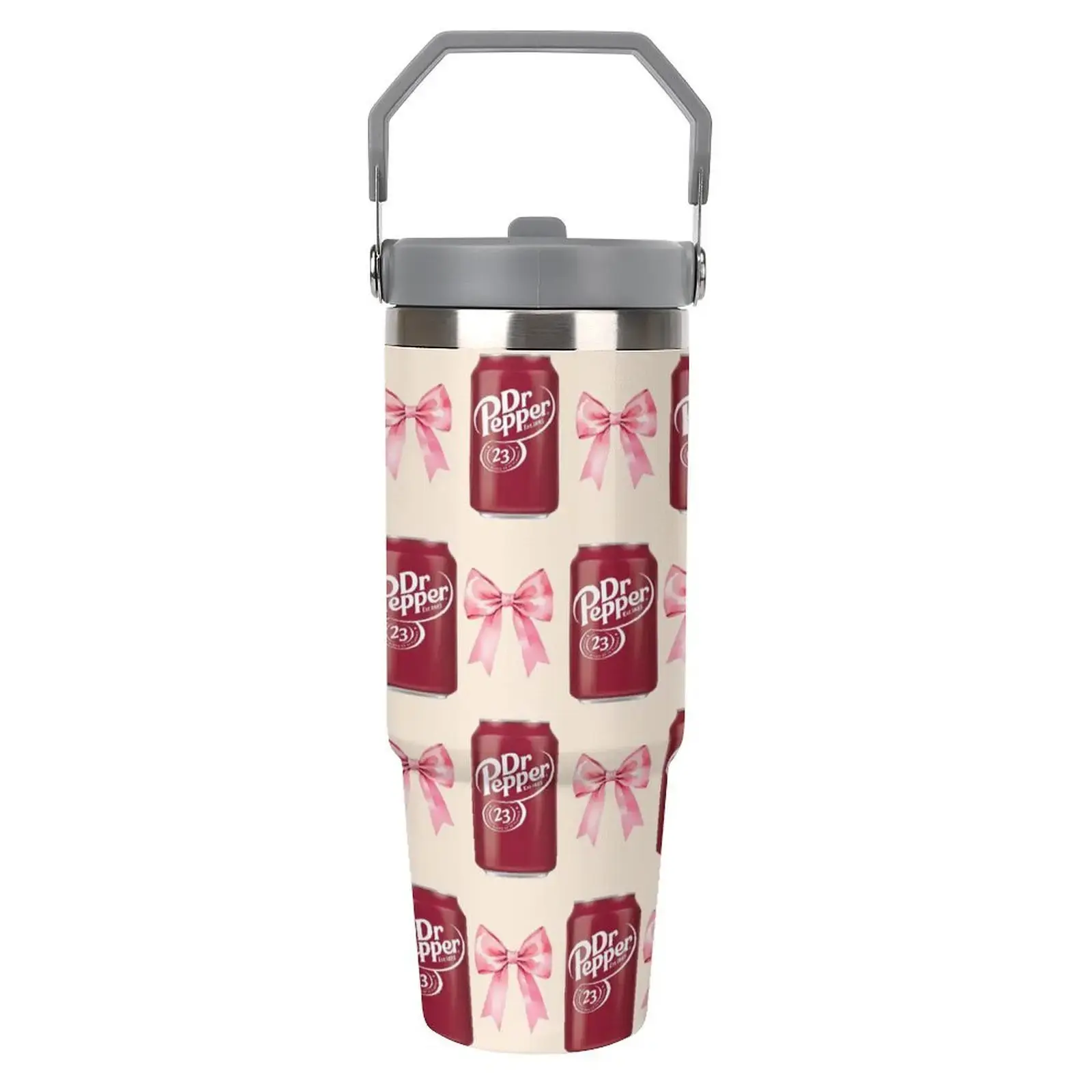 Pink Bow Dr Pepper Inspired 30oz 40oz Stainless Steel Tumbler with Handle & Straw, Leakproof Vacuum Insulated Travel Mug