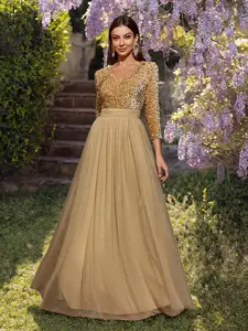 Elegant Long Sleeve Evening Gown, Formal Wear, Sequin and Mesh Contrast Design, A-Line Midi Dress, Perfect for Weddings and Parties