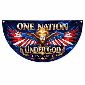 (1 Piece Only) One Nation Under God Semicircular Flag Patriotic Eagle Cross 1776 2026 America 250 Years of Freedom Porch Railing Fence Decor for July 4 Independence Day We provide 2 grommet holes for this product.