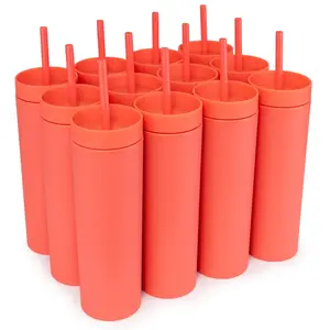 12 Blank Coral Skinny Tumblers 16oz Colored Pastel Acrylic Matte Plastic Cups in Bulk w/Lids, Straws, Cleaning Brush! DIY Customizable, 12 pcs Blank Tumbler, 16oz Sublimation Tumbler, 16oz Blank Tumbler, Blank Sublimation Tumbler, Tumbler Gift