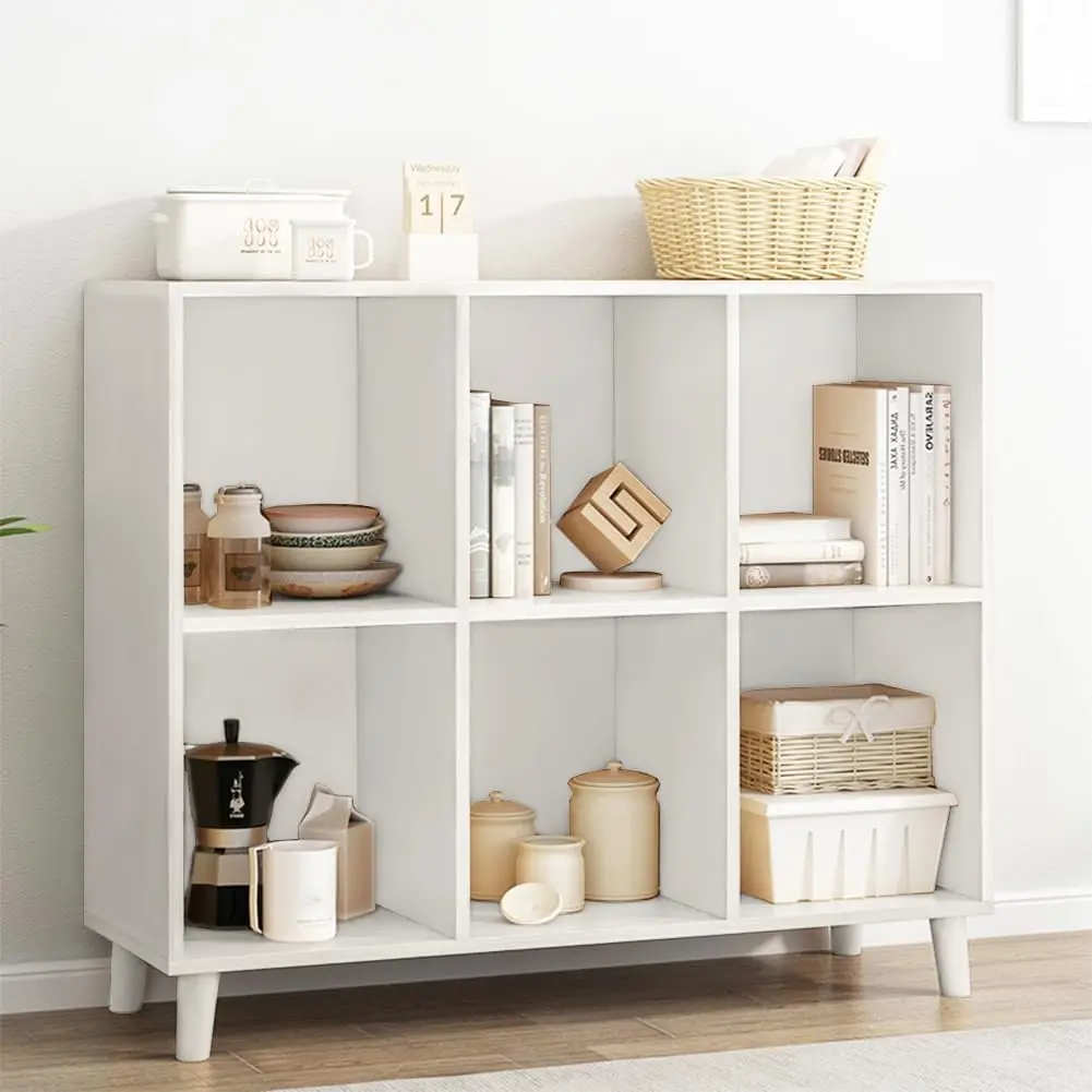 Open Cube Low Bookcase - 2-Tier Freestanding Storage Display Cabinet Organizer with  for Home Office, 6-Cubes Open Shelf Short Bookshelf, White