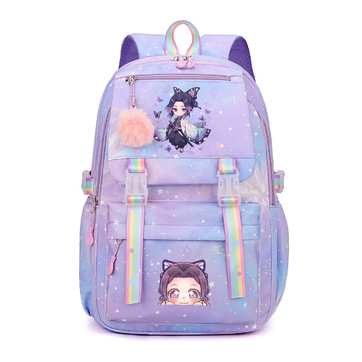 Demon Slayer Shinobu Kocho Pastel Purple Galaxy Rainbow Strap Single Backpack, Anime Girls School Laptop Daypack