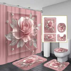 1/3/4PCS Pink Rose Floral Flower Shower Curtain Set, 71x71 Inches, Includes Background Pattern, Comes with 12 Hooks, 1/3/4pcs Options Available