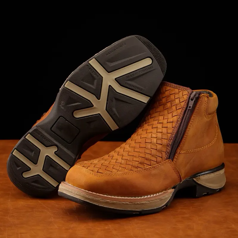 Dusty Honey Basketweave Leather Botin With 3D Lightweight Soles - Square Toe