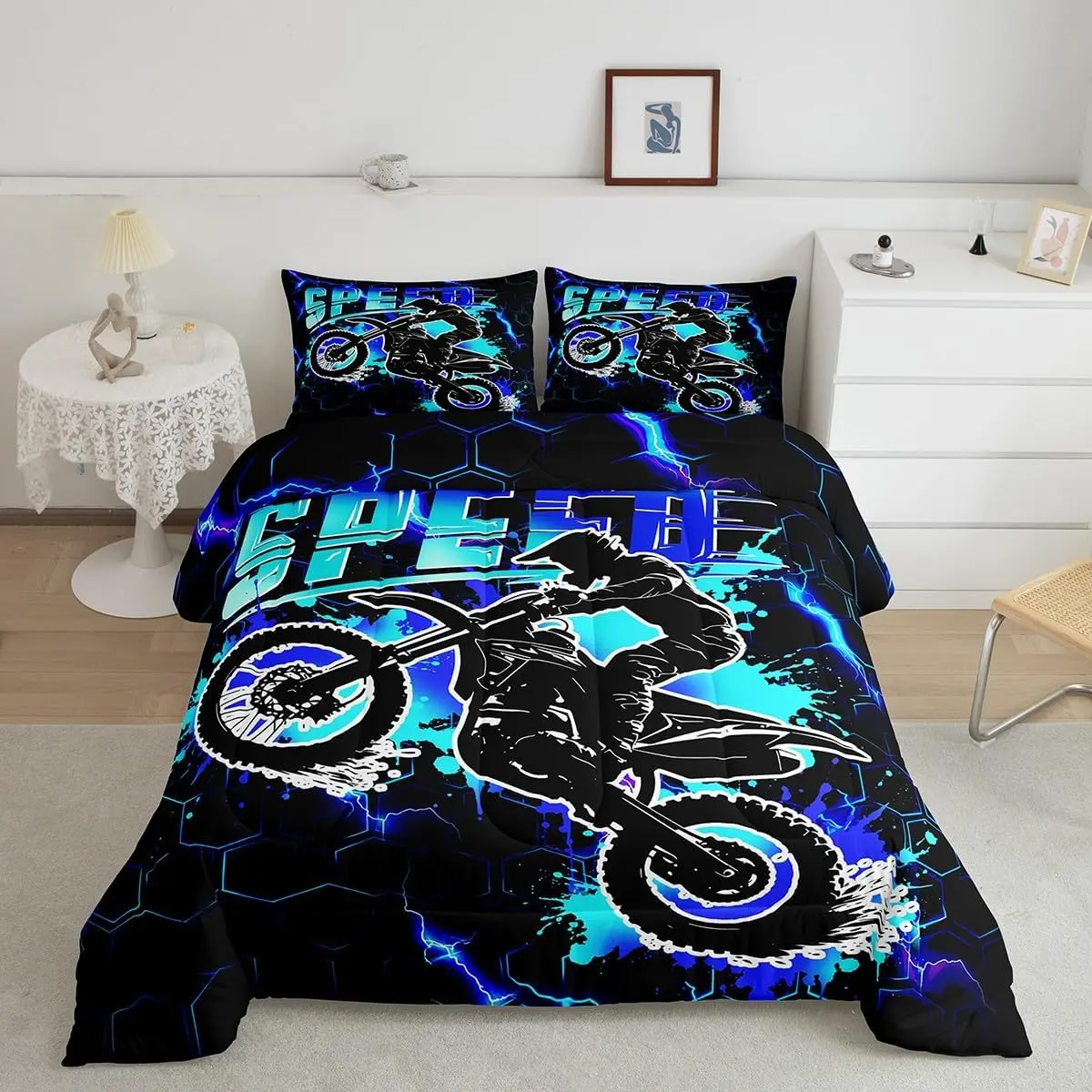 Feelyou Breathable Microfiber Decorative Bedding Set - Dirt Bike Pattern Extreme Sports Comforter, Racing Motocross Bedspread, Themed Cover Duvet for Bedroom Decor