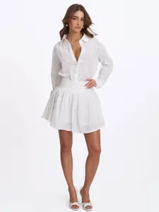 Quisha White Embroidered Cotton Gauze Gathered A-Line Mini Skirt