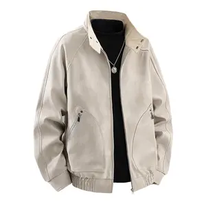 Men's Beige Faux Leather Stand Collar Jacket, Retro Casual Zipper Pocket Bomber Style Coat