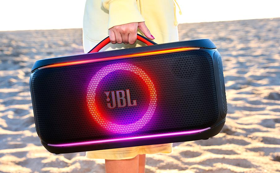JBL PartyBox On-the-Go 2 Plus, Portable party speaker with real-time AI vocal removal, a wireless mic, powerful JBL Pro Sound, a dynamic lightshow, up to 15 hours of playtime, and a replaceable battery, plus a handle and shoulder strap