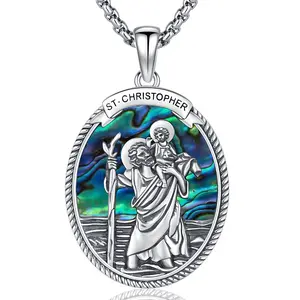 Bernashen S925 Sterling Silver St Christopher Necklace Mens Womens Sterling Silver Jewelry Saint Christopher Medal Abalone Shell Pendant Amulet Patron Jewelry