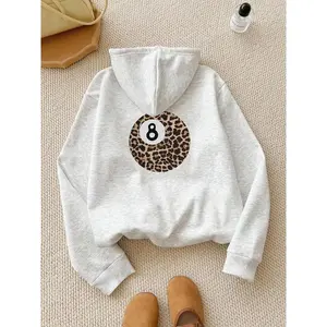 Women's Size 8 Leopard Print Warm Lined Long Sleeve Hoodie, Fashion Casual Autumn Winter Pullover for Daily, Vacation & Outdoor Wear