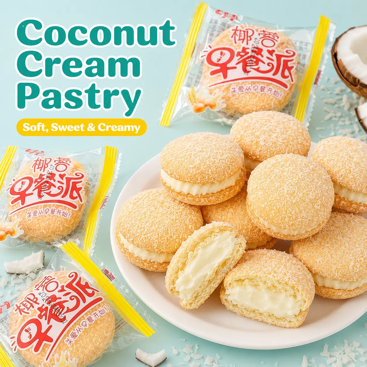 Ambient Coconut Shred Breakfast Pastry - Flaky Soft Bread with Sweet Coconut Filling, Individually Wrapped On-the-Go Snack for Morning Rush, Office Coffee Break