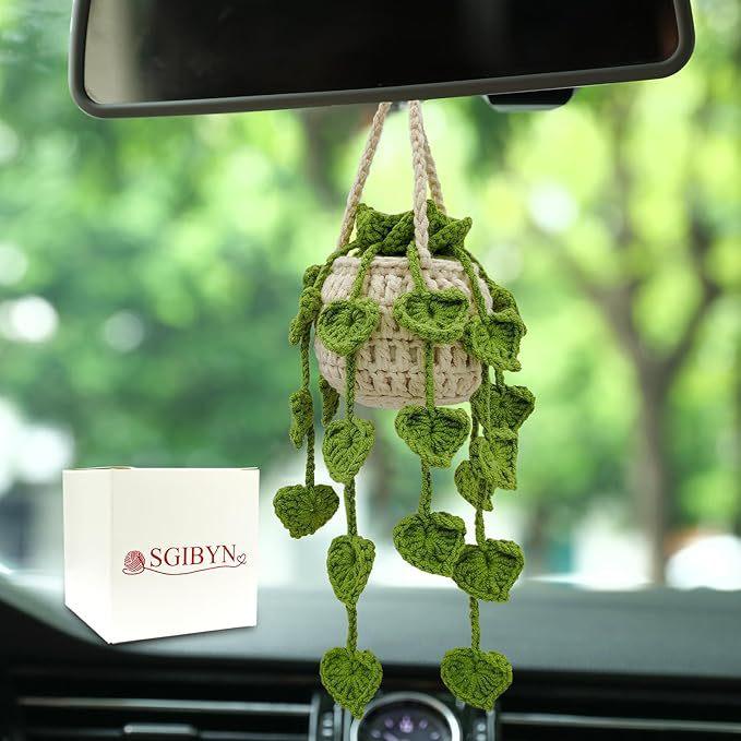 Handmade Crocheted Plant Car Pendant, Cute Knitted Hanging Basket Flower Doll, Rearview Mirror Hanging Ornament, Boho Car Interior Decor Accessories for Women