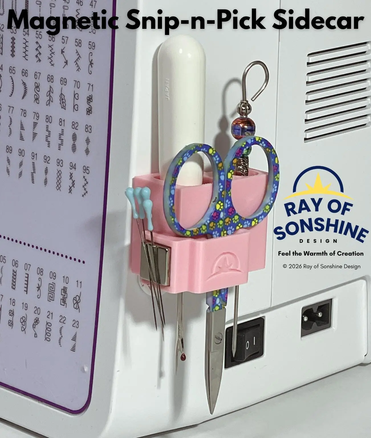Snip-n-Pick Sidecar™ | Magnetic Sewing Machine Organizer for Pins, Needles, Scissors, Stiletto & Seam Ripper