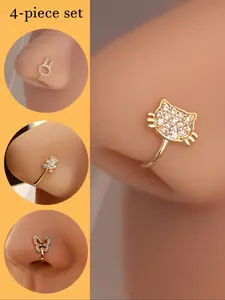 4 Piece Bohemian Retro Nose Clip Set, Non-Piercing Synthetic Zircon Flower and Heart Designs, Perfect for Daily and Party Wear, Nose Ring Jewelry