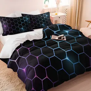 2/3Pcs Neon Hexagonal Grid Duvet Cover Set No Filler, Futuristic Geometric Comforter Cover Bedding Set, Gaming Style Black Bedding for Teen Boys Bedroom, Cool Cyberpunk Aesthetic Home Decor