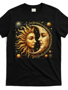 Men’s Boho "Sun Moon Face" Celestial Streetwear Short Sleeve Shirt - Black Cotton Crew Neck Tee for Festival & Casual Wear