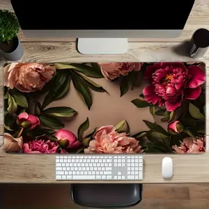 Extra Large Floral Mouse Pad, Stitched Edge Design, Non-Sponge Rubber Base, High-Definition Peony Pattern, Durable Keyboard & Gaming Mat, Desktop Accessory