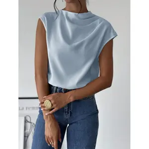Women's Elegant Simple Commute Office White Stand Collar Asymmetric Shoulder Pleated Fitted Blouse Fabric Polyester