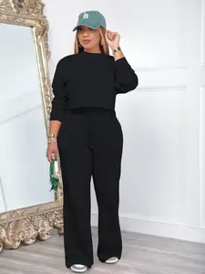 USBoutique Chic Women's Black Crewneck Fitted Semi-Turtleneck Long Sleeve & Wide Leg Pants Two-Piece Set Casual Comfort Fall Outfit Plus Size Suits