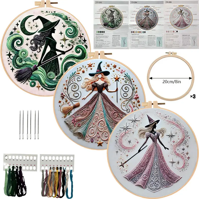 Beginner-Friendly Halloween Witch Motif Embroidery DIY Kit - Fashion Accessory Set with Embroidery Designs, Synthetic Threads, Sewing Materials, English Guide, Handmade Home Craft Art Project Gift