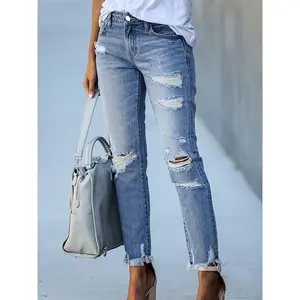 Women's Stretchy Ripped Skinny Jeans - Mid-Rise, Distressed Denim with Raw Hem, Machine Washable