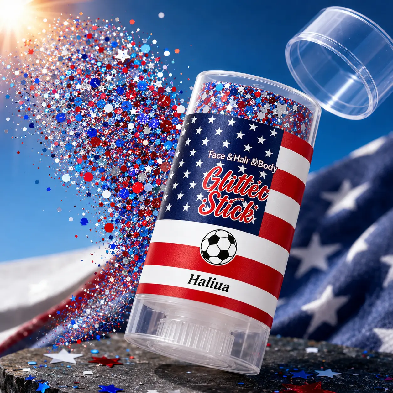 Patriotic Face & Body Glitter Stick, Red, White, and Blue Shimmer Makeup Cosmetic for July 4th, Festivals, and Parties, Freedom Pack, Youth, Shoulders, Body Makeup, Hair Styling, Multi-Pack