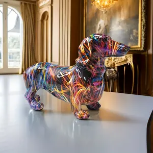 1pc Creative Painted Colorful Dachshund Dog Decoration, Home Modern Wine Cabinet Office Decor Desktop Resin Crafts Miniatures Statue, Room Decor, Home Decor