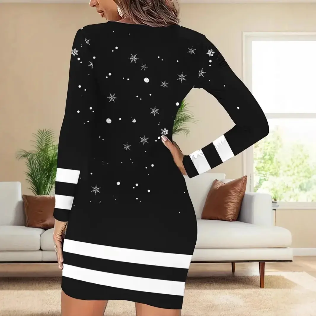 Sexy Christmas Dress - Stylish Festive Winter Dress for Holiday Gatherings and Parties - Versatile Comfortable Black with White Stripes and Snowflake Design