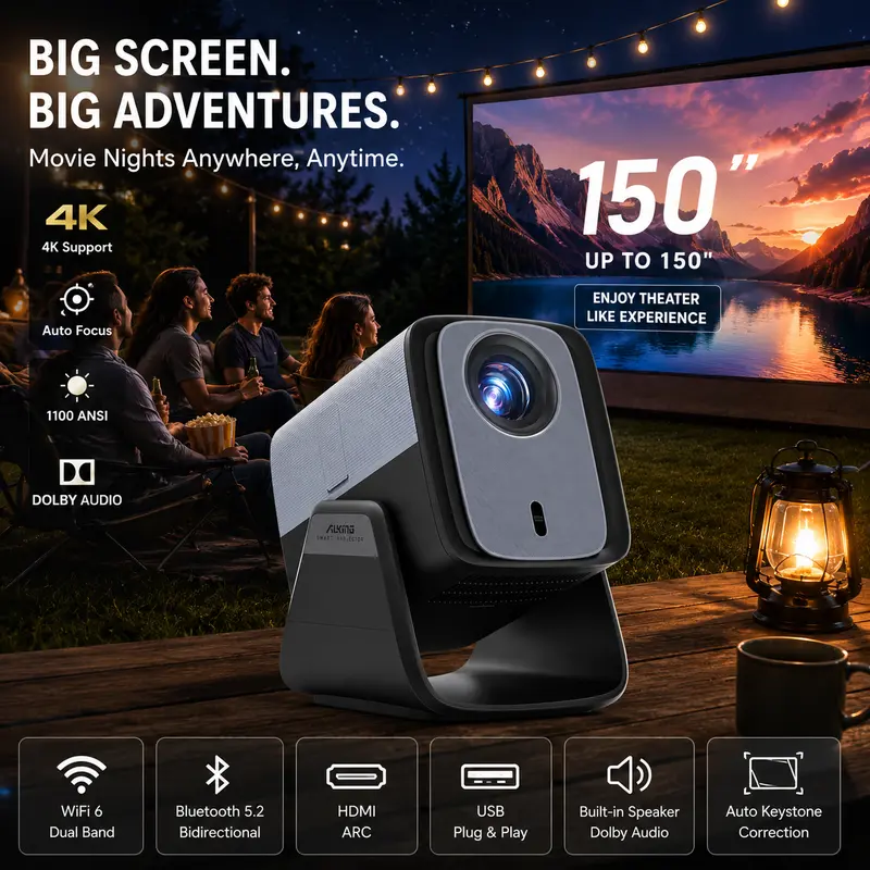 AuKing Smart Multi-Port Portable Projector - 1100 ANSI Lumens, Auto Focus in Secs, Auto Keystone, Dolby Audio, WiFi+Bluetooth 5.0, 50% Zoom, Netflix/YouTube Streaming, HDMI Cable Included, 2-Year Warranty + 1V1 Support, Gaming Use, Outdoor & Bedroom Use