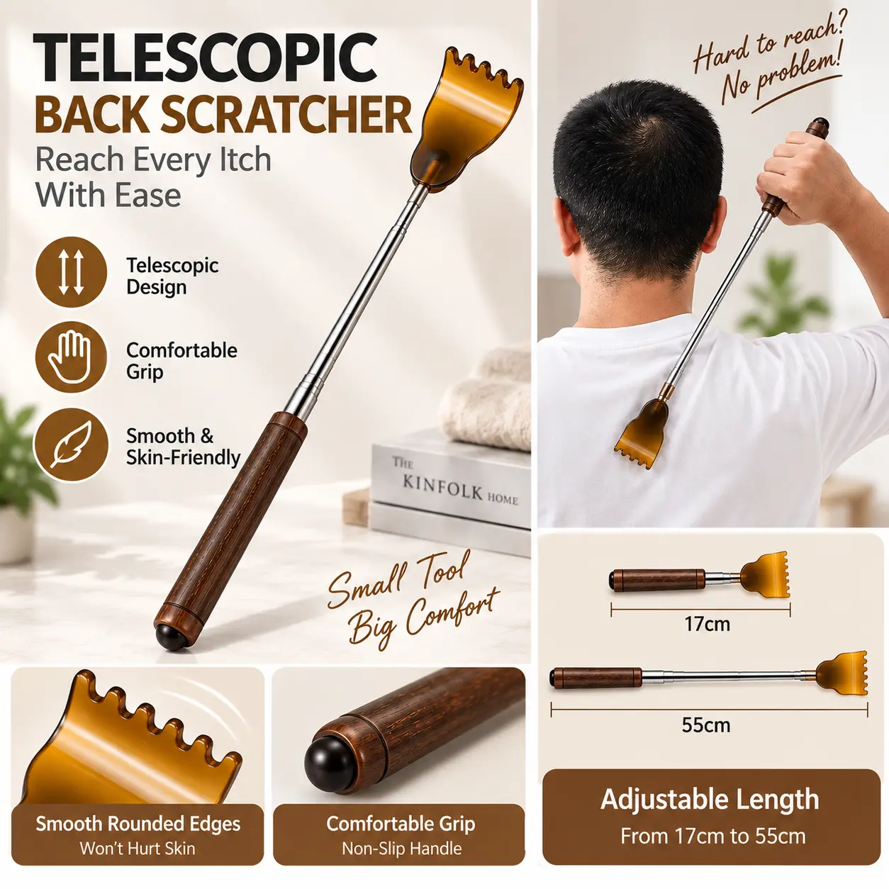 Stainless Steel Telescopic Back Scratcher, Adjustable Body Care Tool with Comfortable Secure-Grip Handle, Easy Reach Portable Retractable Itch Reliever for Adults, Home & Travel