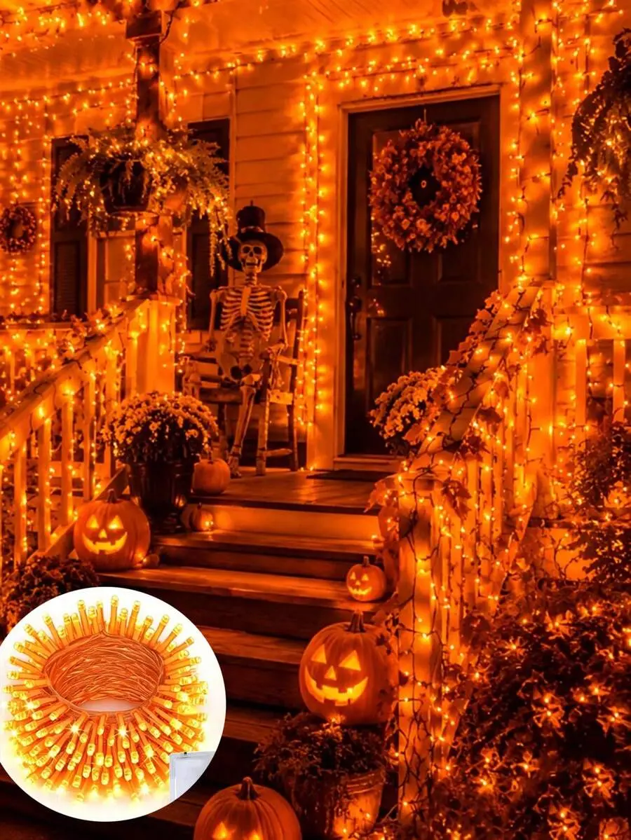 1pc 1.5M/3M/6M Halloween Party Decoration Orange LED String Lights, Battery Operated, Classic Halloween Indoor Room Decor Orange Lights, Halloween Outdoor Garden Decoration Lights, Halloween LED Decoration